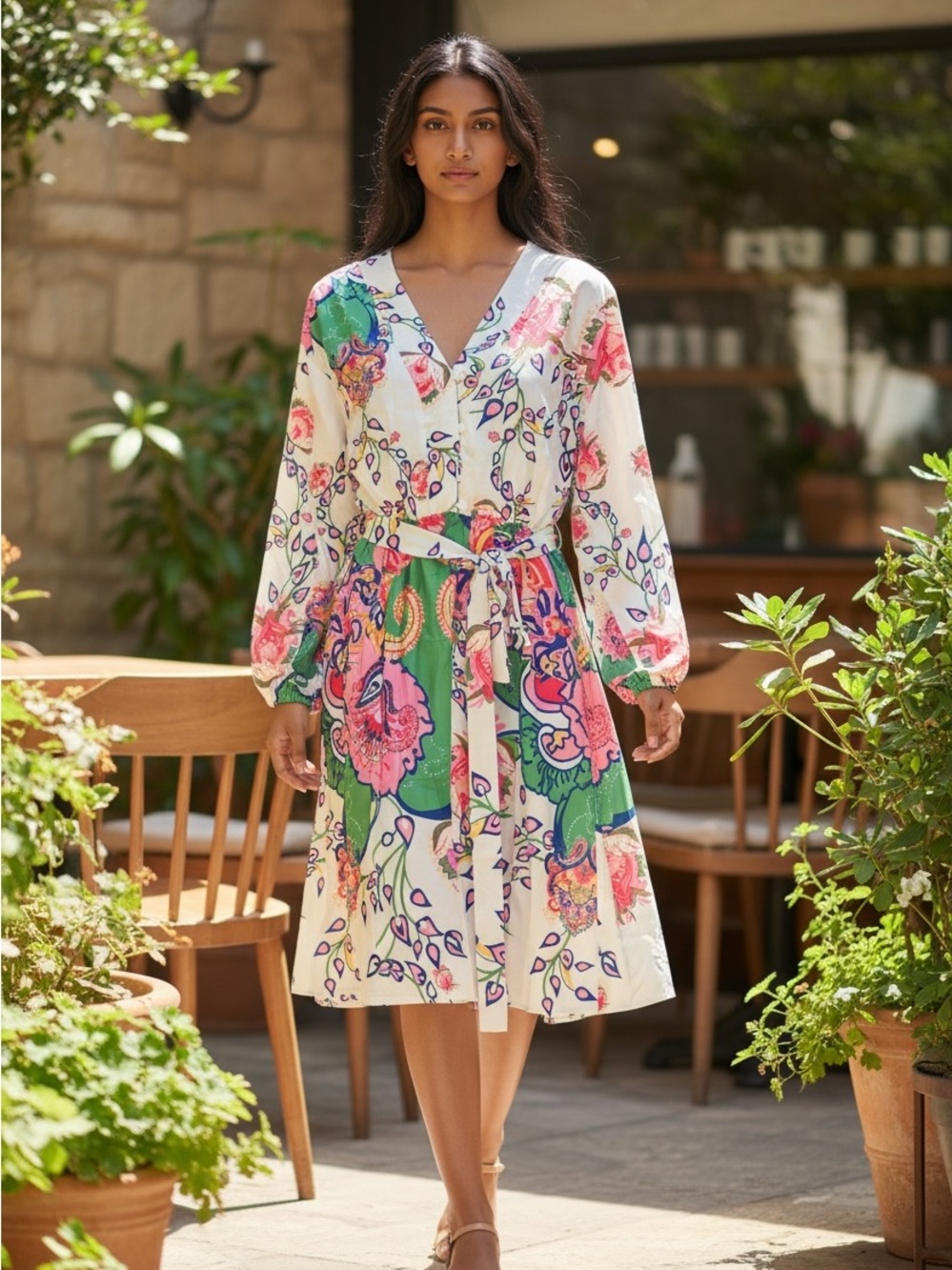 Floral Belted V-Neck Midi Dress in Cream, Green & Pink **NEW** w/o Tag